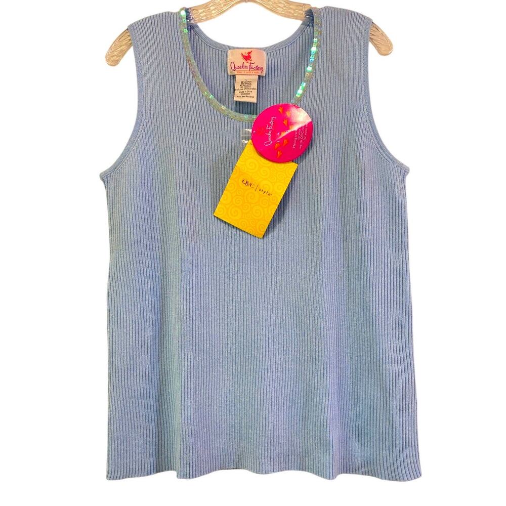 Quacker Factory Iridescent Sequin Neck Ribbed Sweater Tank Top Sz L Sky Blue NEW